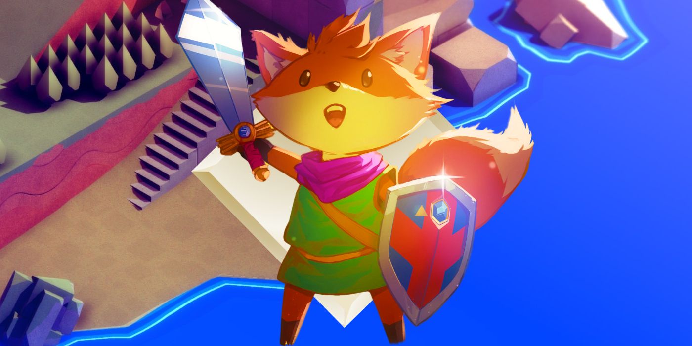 The Tunic Fox Holding a Sword over a golden square and one of the game's beach levels.