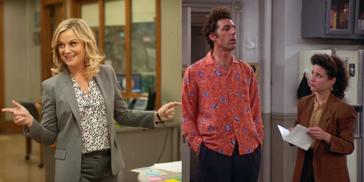 Split image of Leslie on Parks And Recreation and Kramer and Elaine on Seinfeld