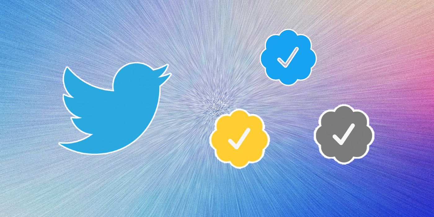 Twitter logo next to blue, gray, and gold checkmarks