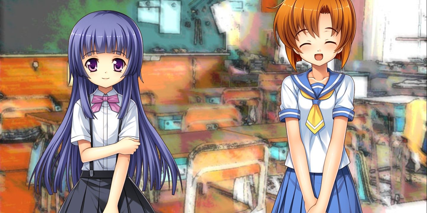 Dois personagens em uma sala de aula em Higurashi When They Cry capítulo 1