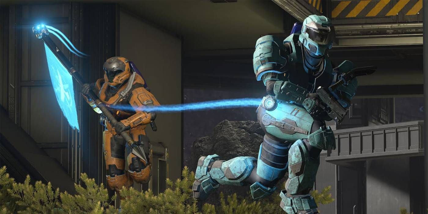 Halo Infinite Unicorn of Earth Armor in two characters during CTF game type in multiplayer, with a person about to explode from a plasma grenade