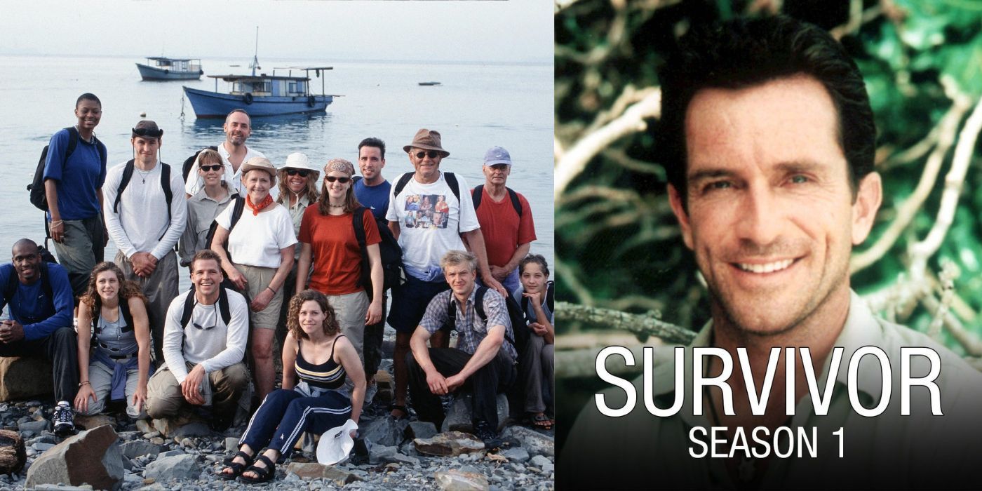 Two side by side images of Survivor Season 1 cast and Jeff Probst in S1