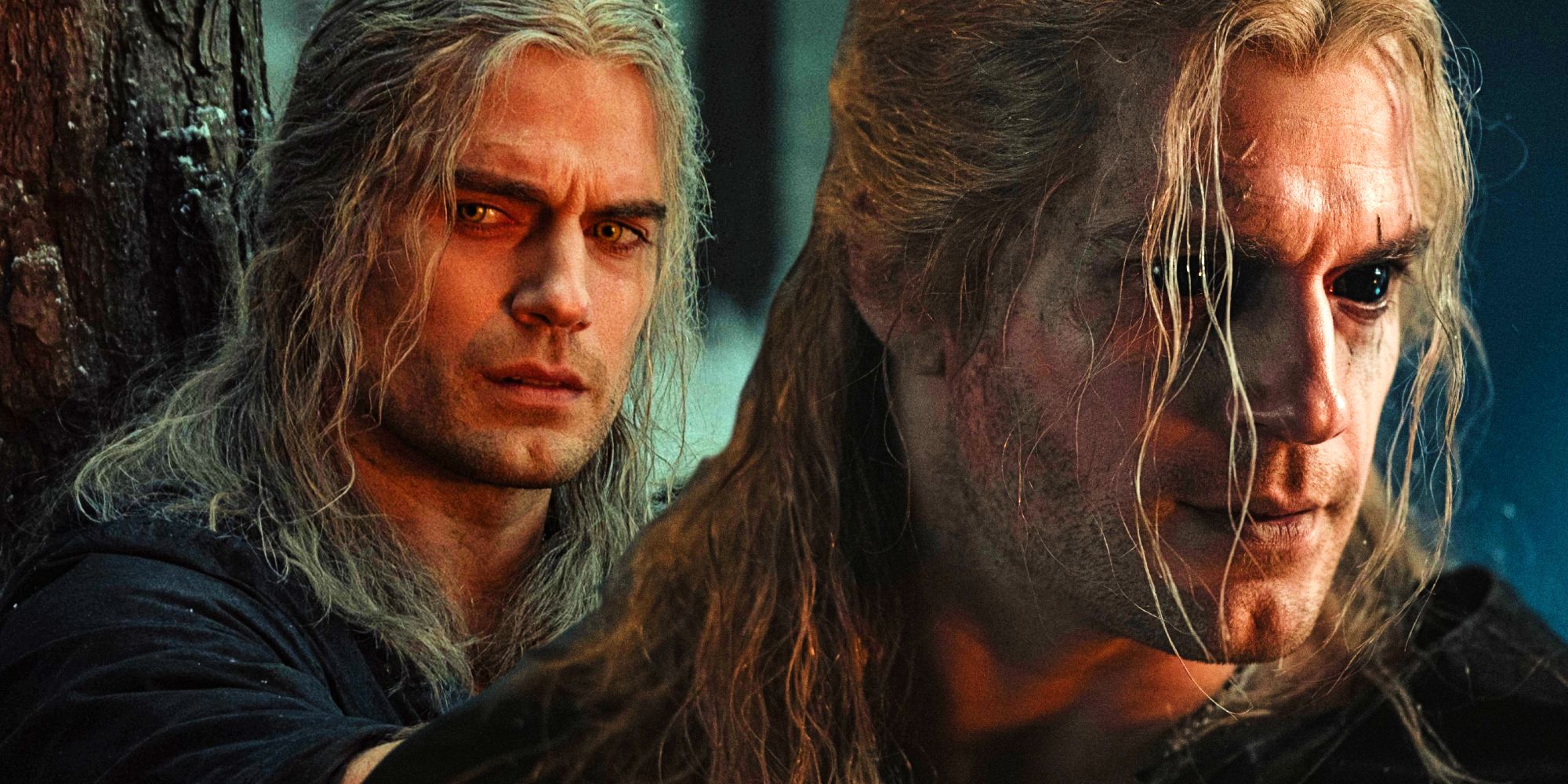 Two stills of Henry Cavill as Geral in The Witcher