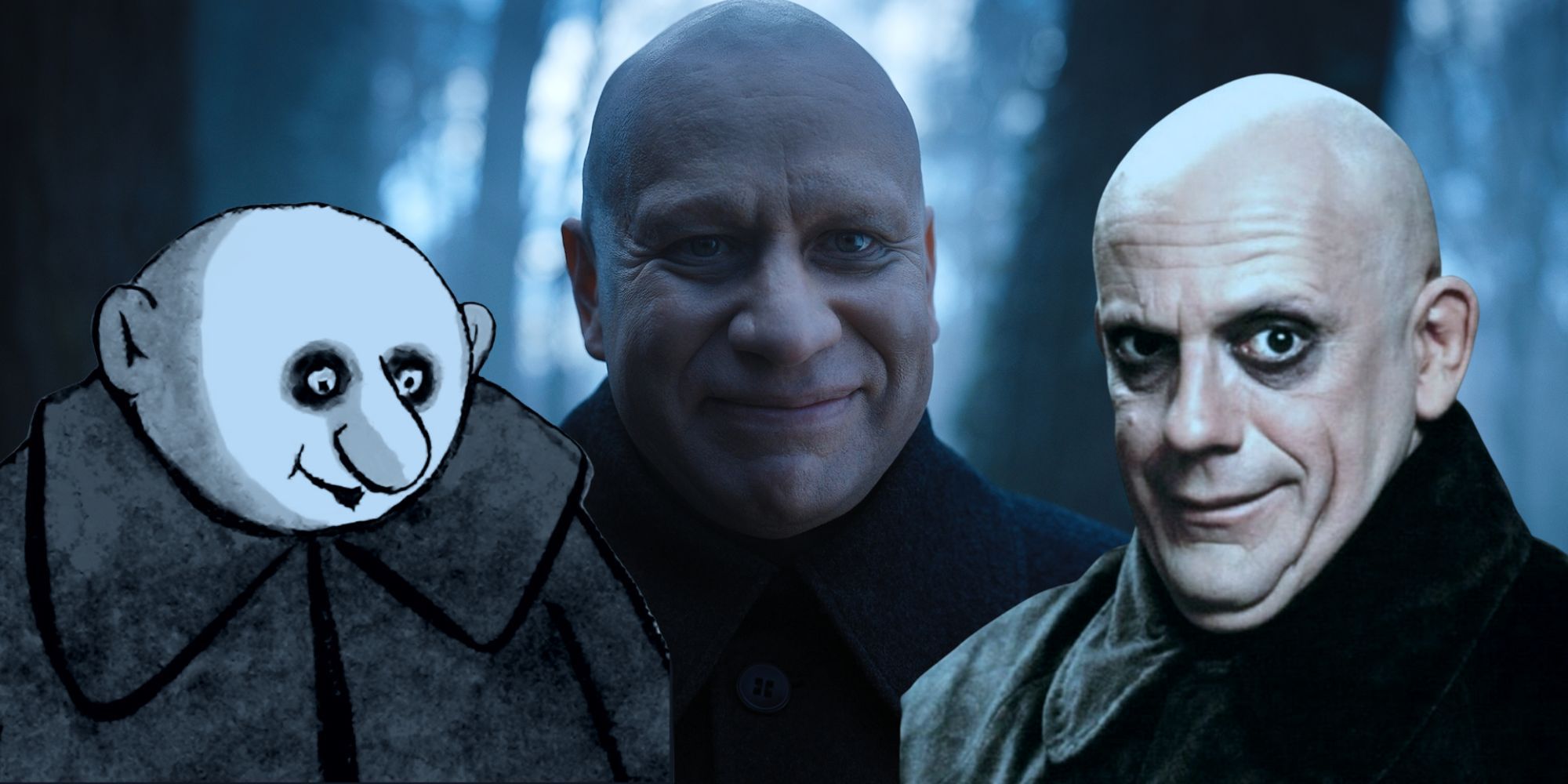 A comparison of Uncle Fester as depicted in the original comics and played by Fred Armisen in the Netflix series Wednesday and Christopher Lloyd in the 1991 Addams Family Movie.