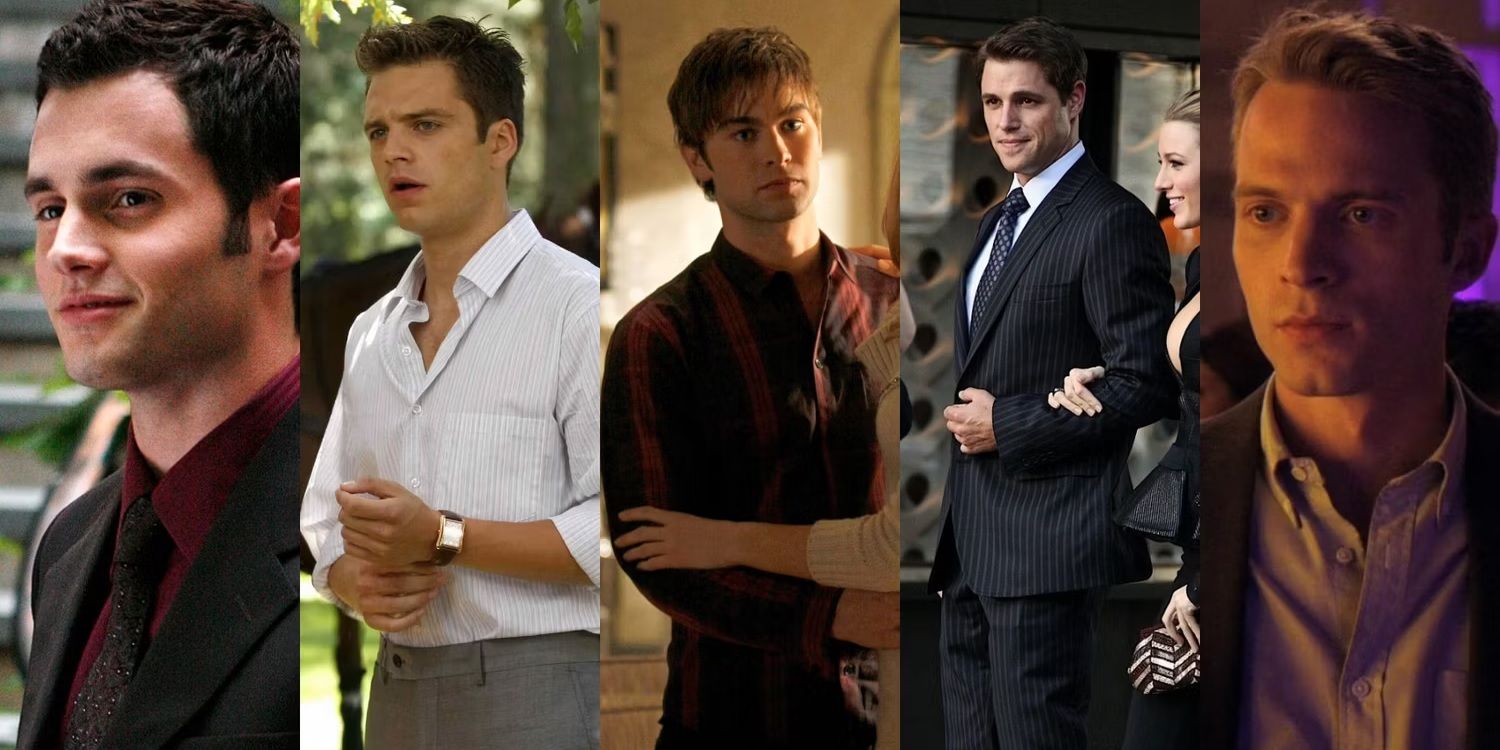 Side by side images feature Serena's boyfriends in Gossip Girl: Dan, Carter, Nate, Colin, and Ben