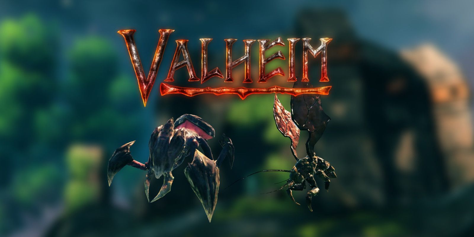 Seeker Soldier and Seeker from Valheim under the Valheim logo