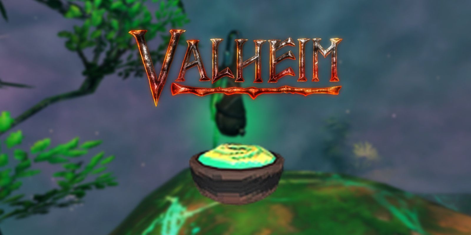 Yggdrasil Porridge di bawah logo Valheim, di atas tangkapan layar Ancient Roots dengan Sap Extractor