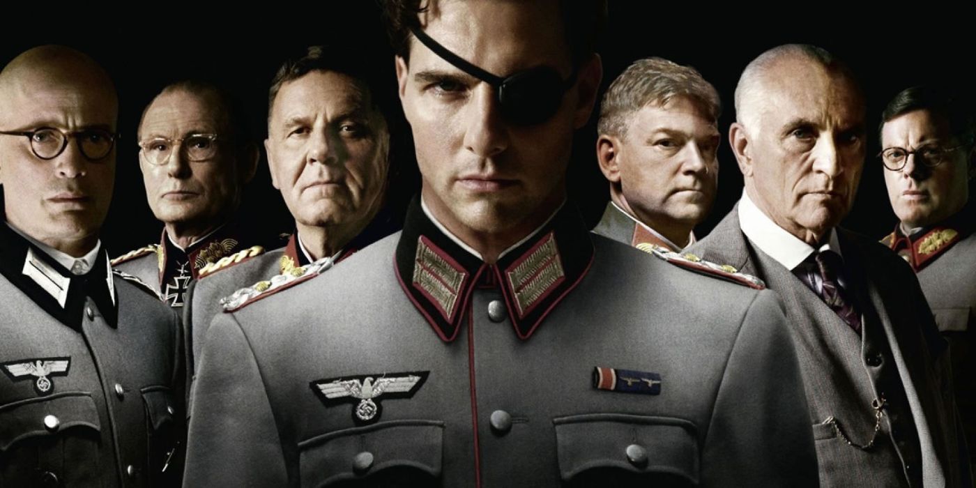 a movie poster of the cast of valkyrie with Tom Cruise, Tom Wilkinson, Bill Nighy, Terrence Stamp and Kenneth Branagh all looking at the camera. Cruise is in the foreground