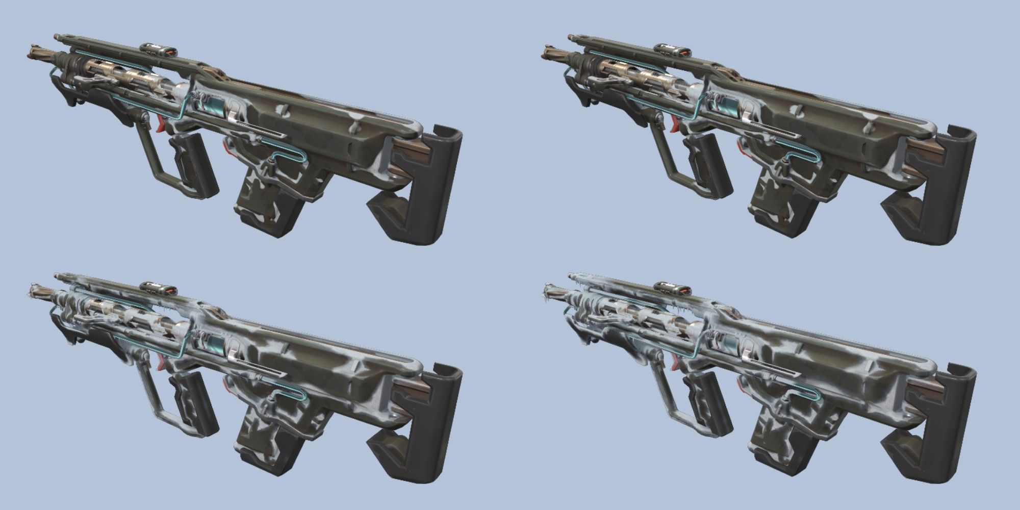 Valorant's Bulldog weapon showing four increasing stages of iciness with the Cryostasis skin.