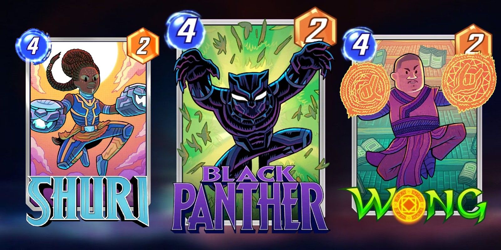 Cartões variantes do Pantera Negra Wong e Shuri no Marvel SNAP