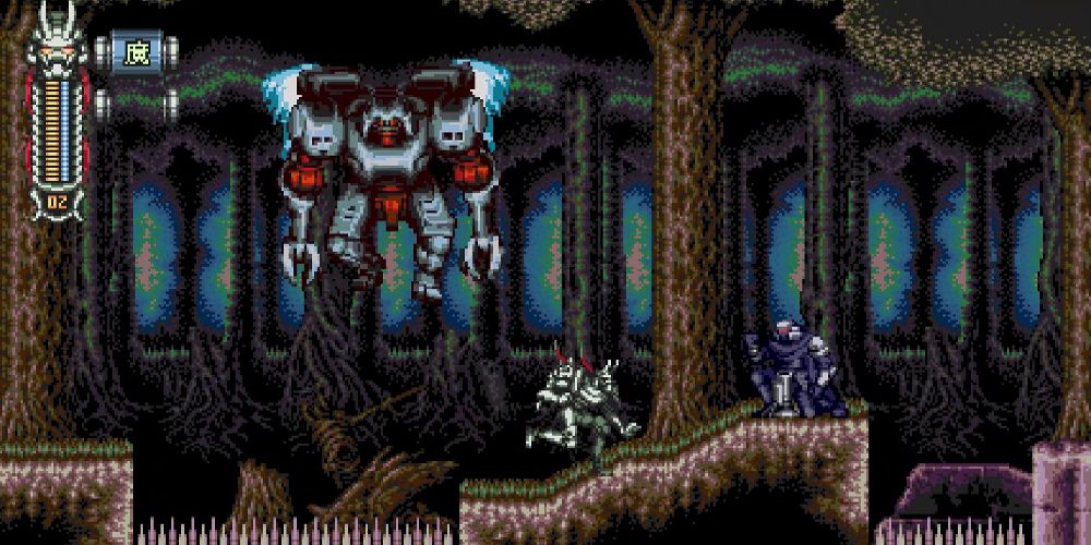 Een demon zweeft door het bos in Vengeful Guardian: Moonrider