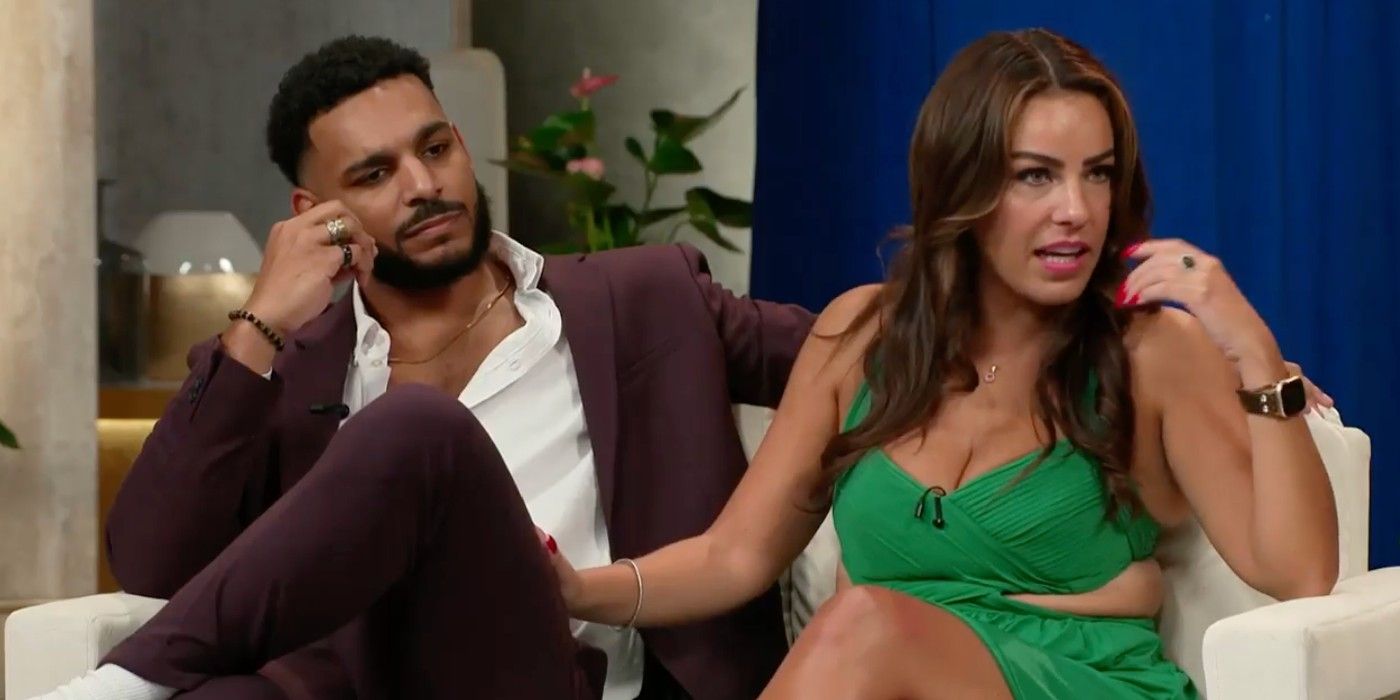 90 Day Fiancé stars Veronica Rodriguez and Jamal Menzies on the Single Life Tell All with Veronica touching Jamal's thigh on the couch