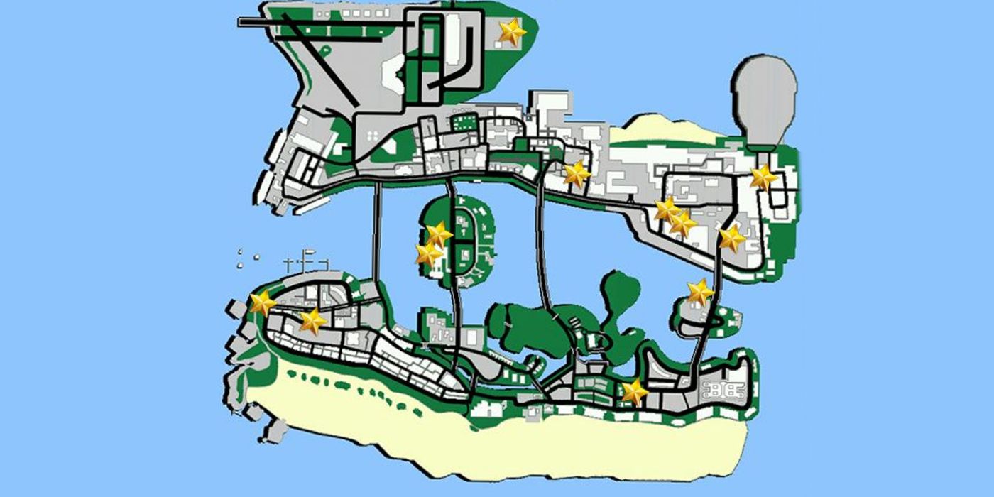 Um mapa de Vice City mostrando todos os locais de helicóptero do jogo