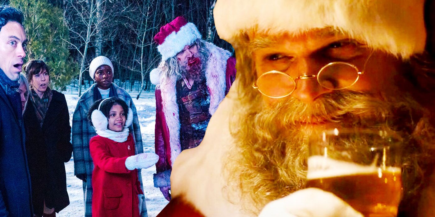 A composite image of Santa holding a beer in front of the rich family with Santa in Violent Night