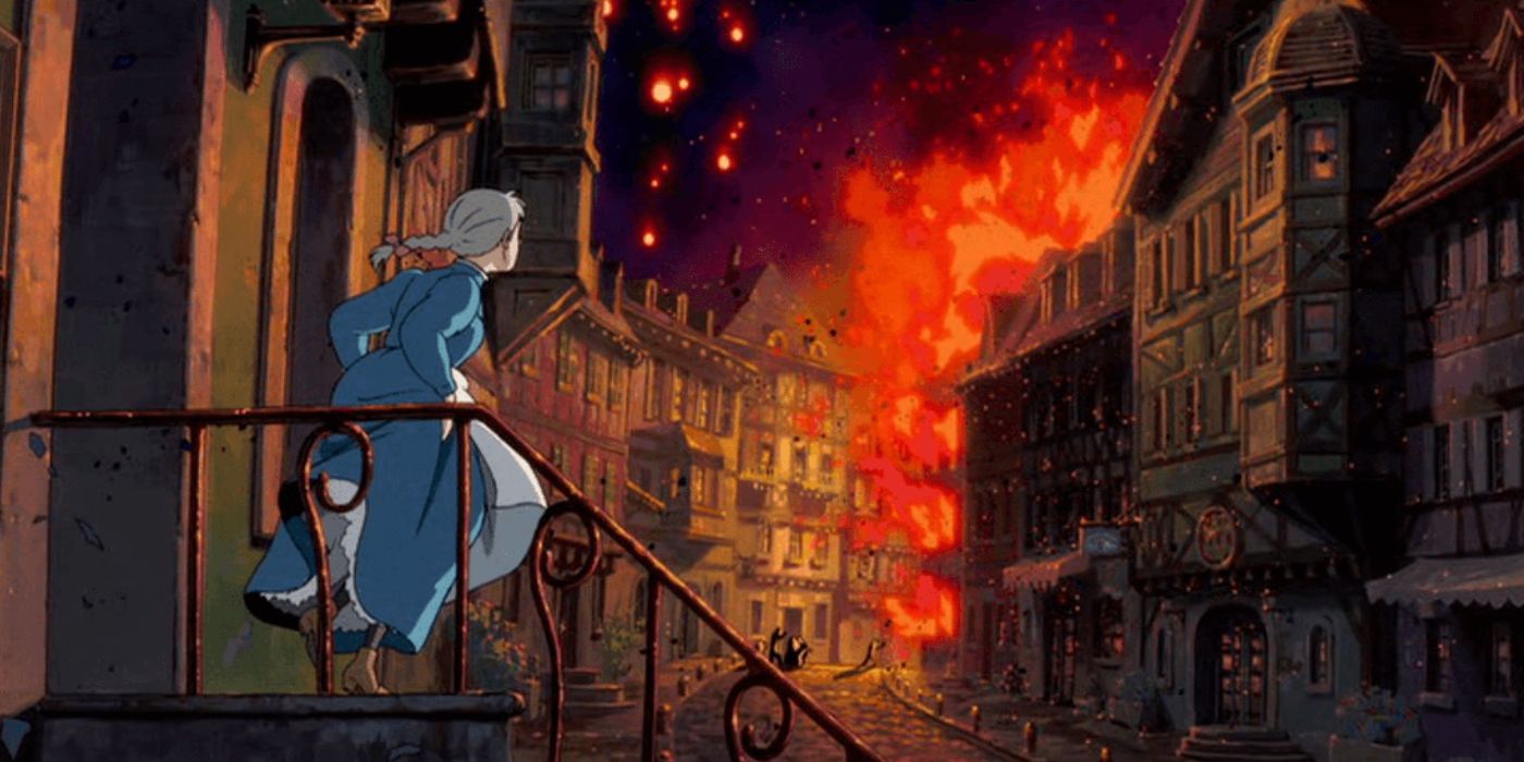 Sophie on her doorstep, watching buildings on fire in Howl's Moving Castle