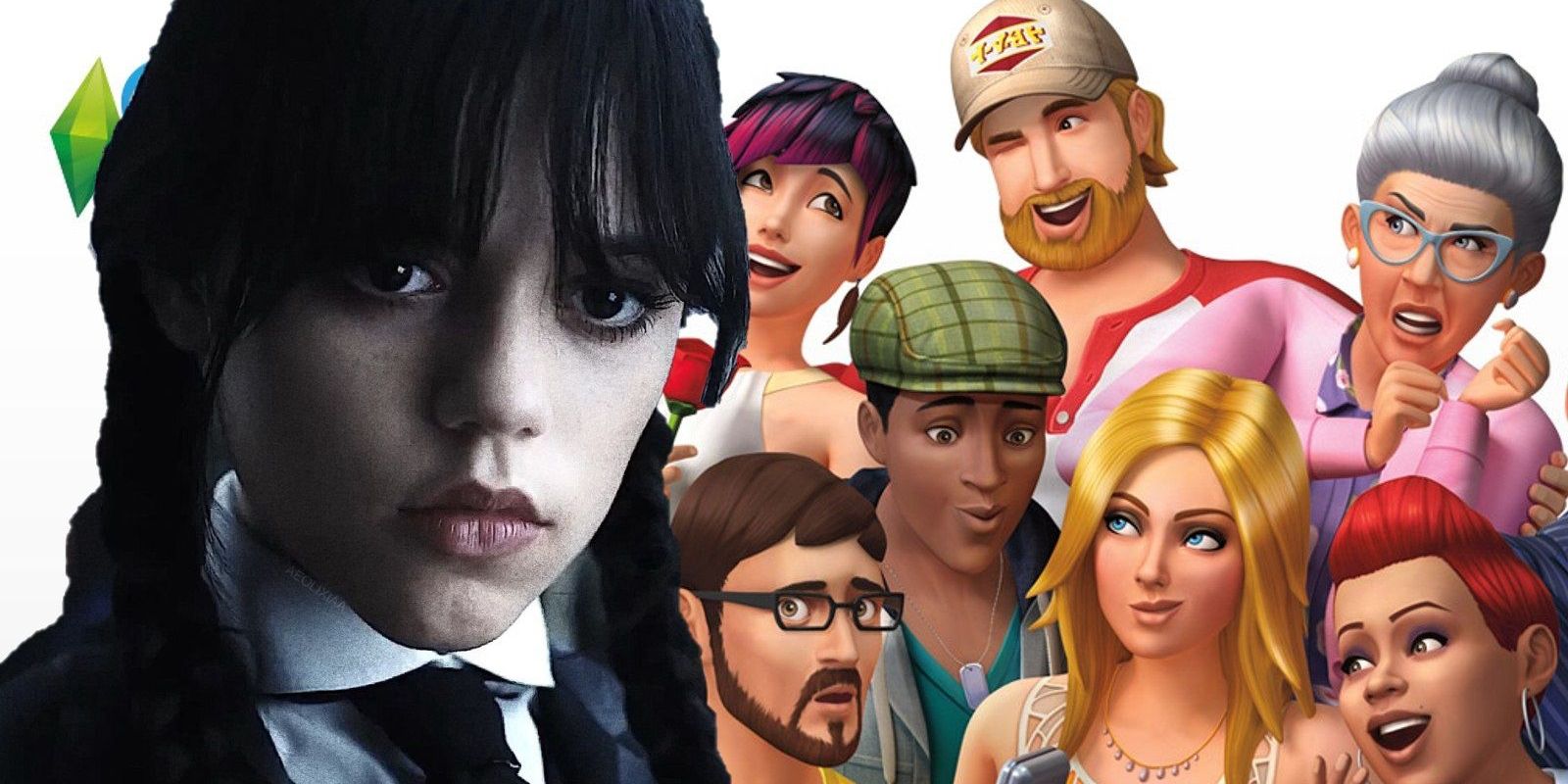 Wednesday Addams from the Netflix series superimposed onto title art for The Sims 4, showing a group of Sims all making different faces.