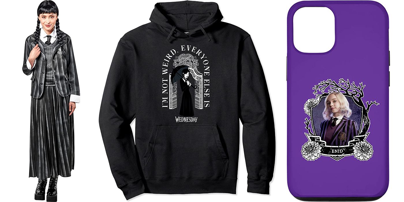 Split image of Wednesday costume, hoodie, and phone case.
