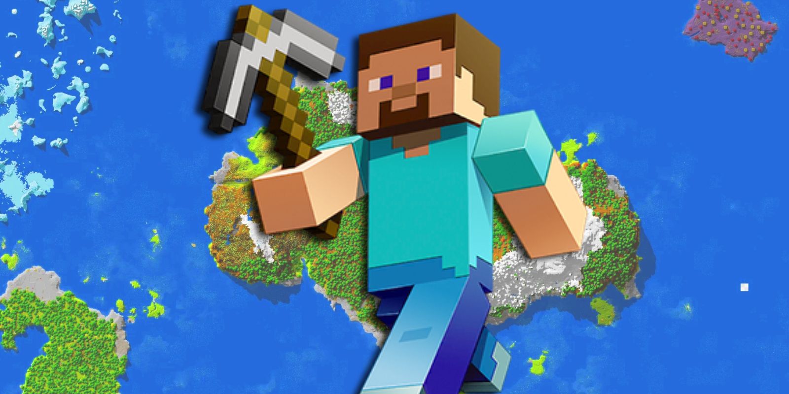 Minecraft's Steve player character in front of an island map.