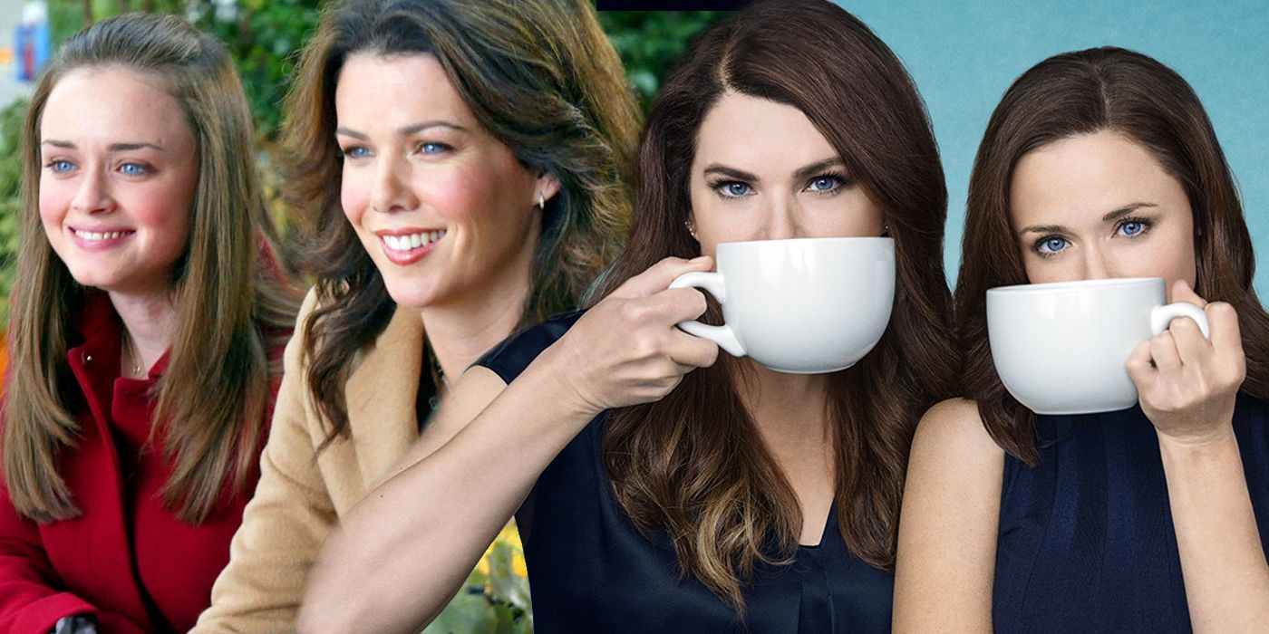 Split Image: Lorelai and Rory smiling together; Lorelai and Rory holding up coffee mugs in A Year in the Life
