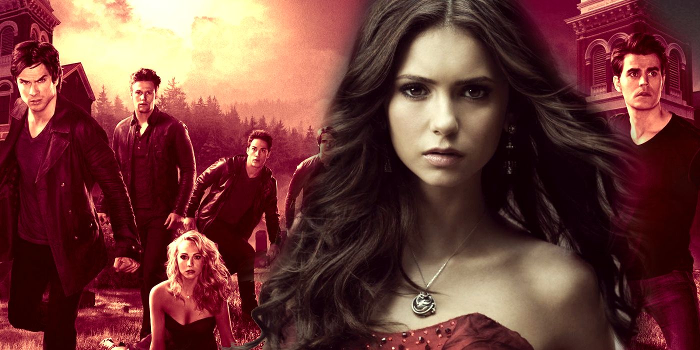 The cast of The Vampire Diaries poses in an old town; Elena Gilbert (Nina Dobrev) poses for a promotional photo
