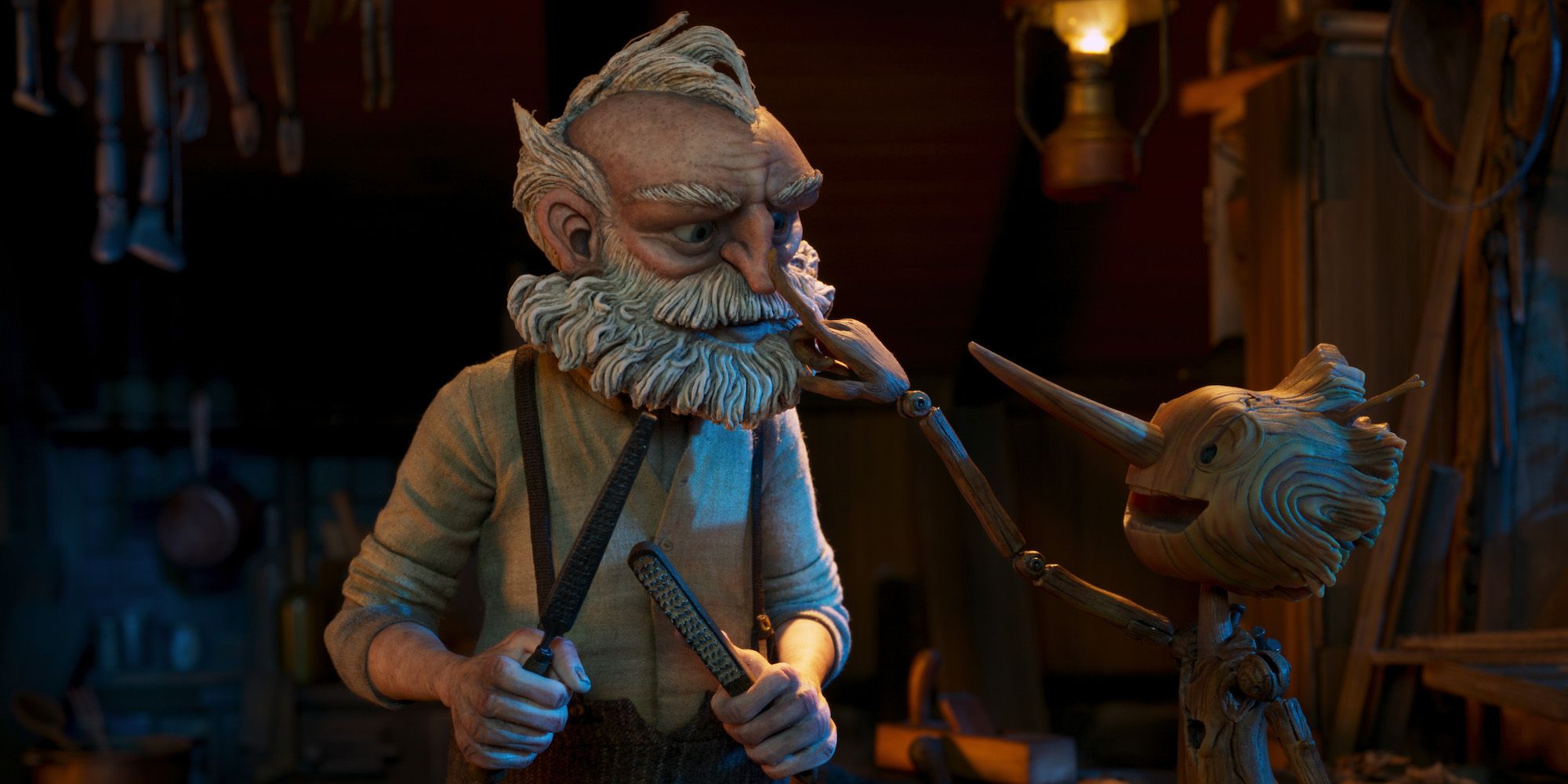 Pinocchio touching a man's beard in Netflix's Pinocchio