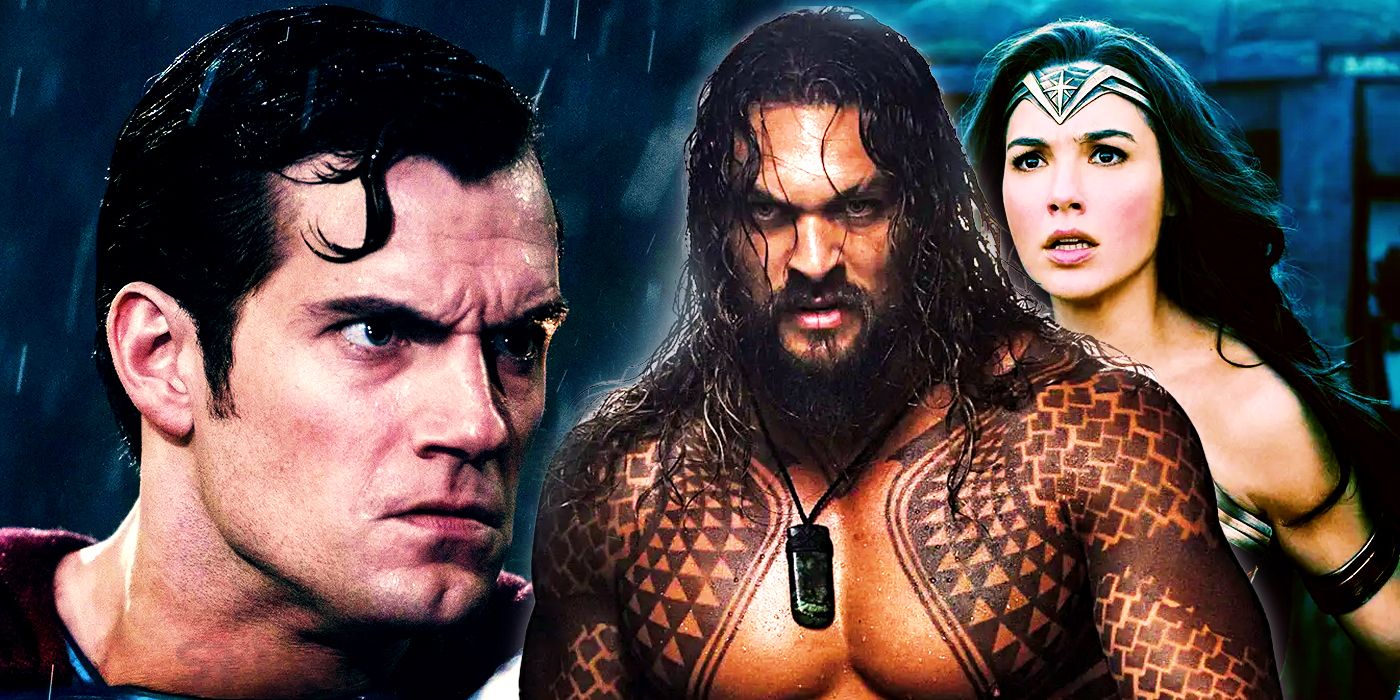 Henry Cavill as Superman, Jason Mamoa as Aquaman, and Gal Gadot as Wonder Woman