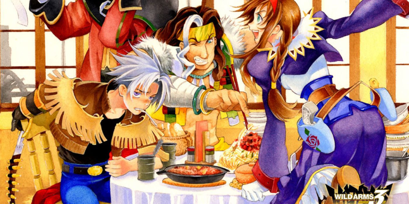Wild Arms 3 key art featuring the main cast together at a restaurant.