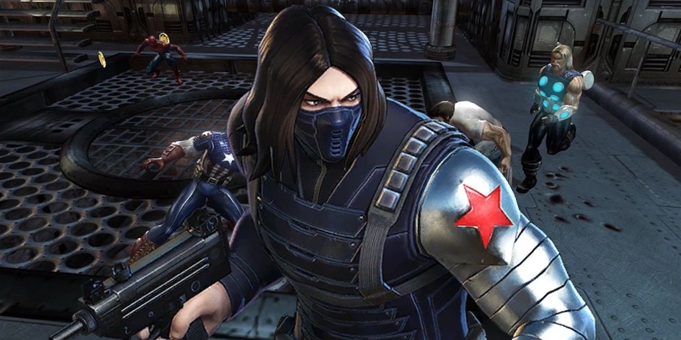 The Winter Soldier, complete with facemask and robotic arm, in Marvel: Ultimate Alliance