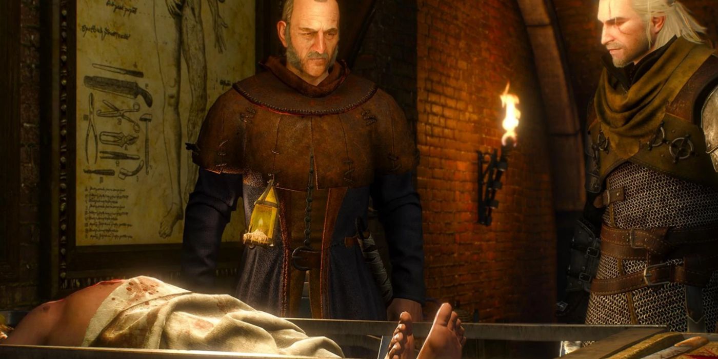 Geralt with Doctor Joachim von Gratz examining a corpse in the morgue.