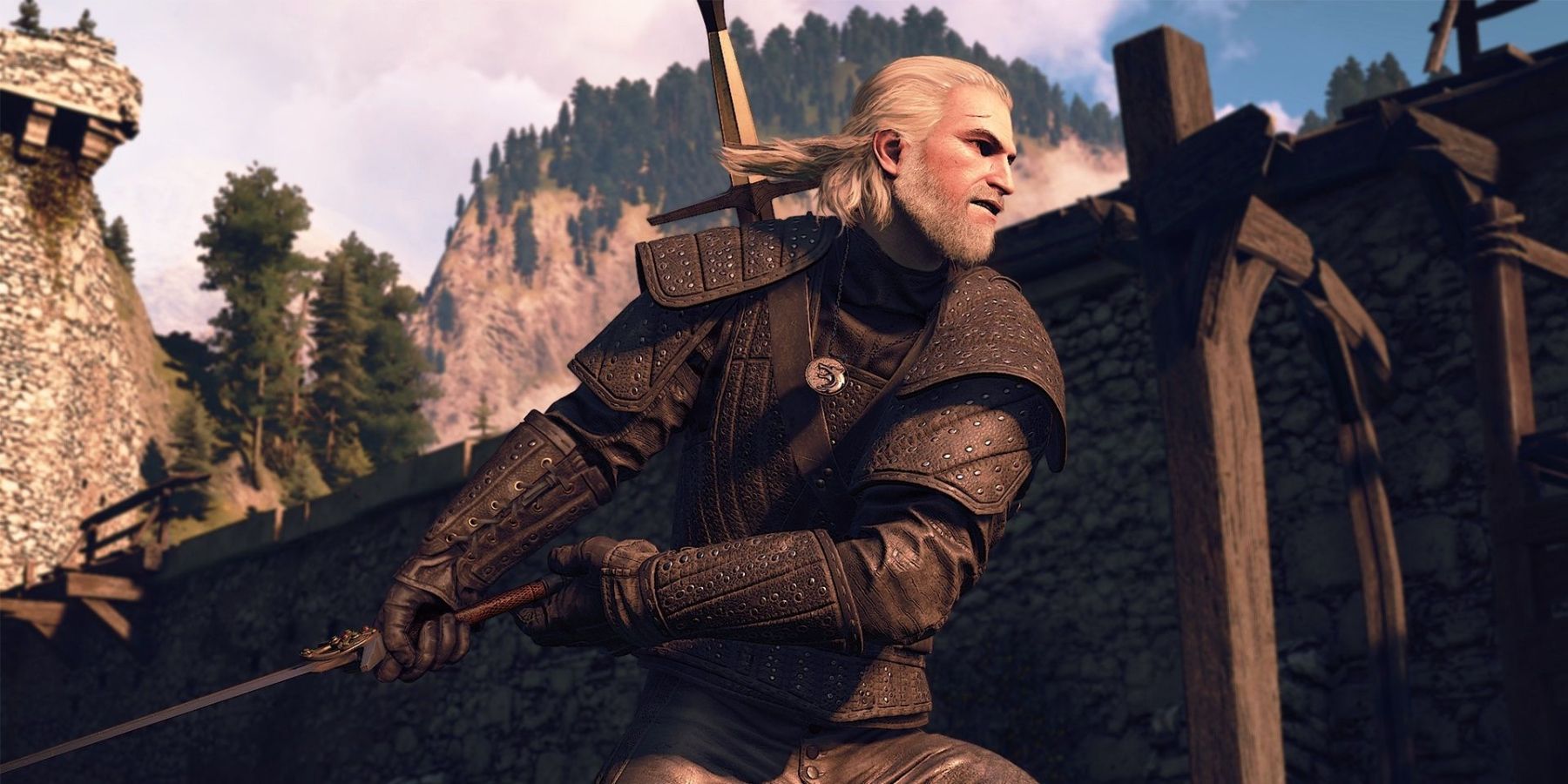 Geralt in The Witcher 3, wearing armor inspired by the Netflix series.