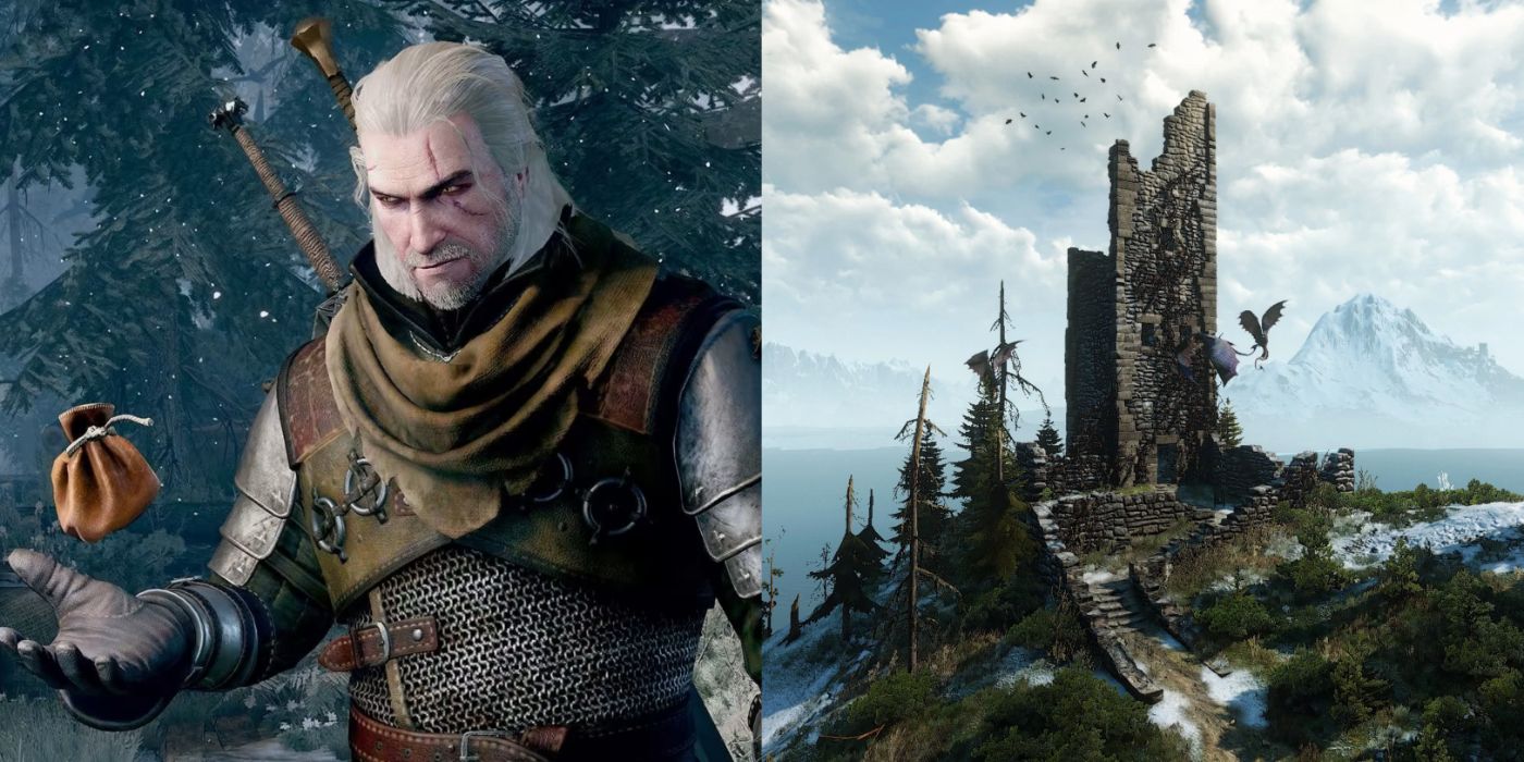 Split image of Geralt tossing a bag of coins and a ruined structure with monsters flying about.