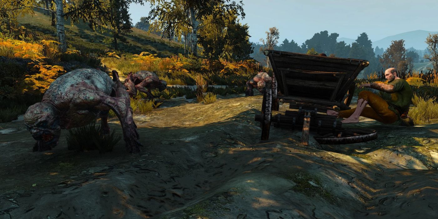 Gert indefeso atrás de seu carrinho com ghouls o cercando em The Witcher 3.