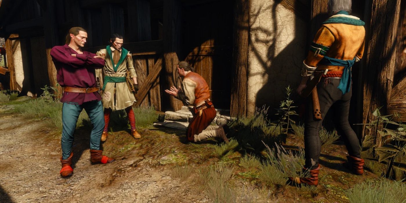 Um grupo de elfos cercando um comerciante de joelhos em The Witcher 3.