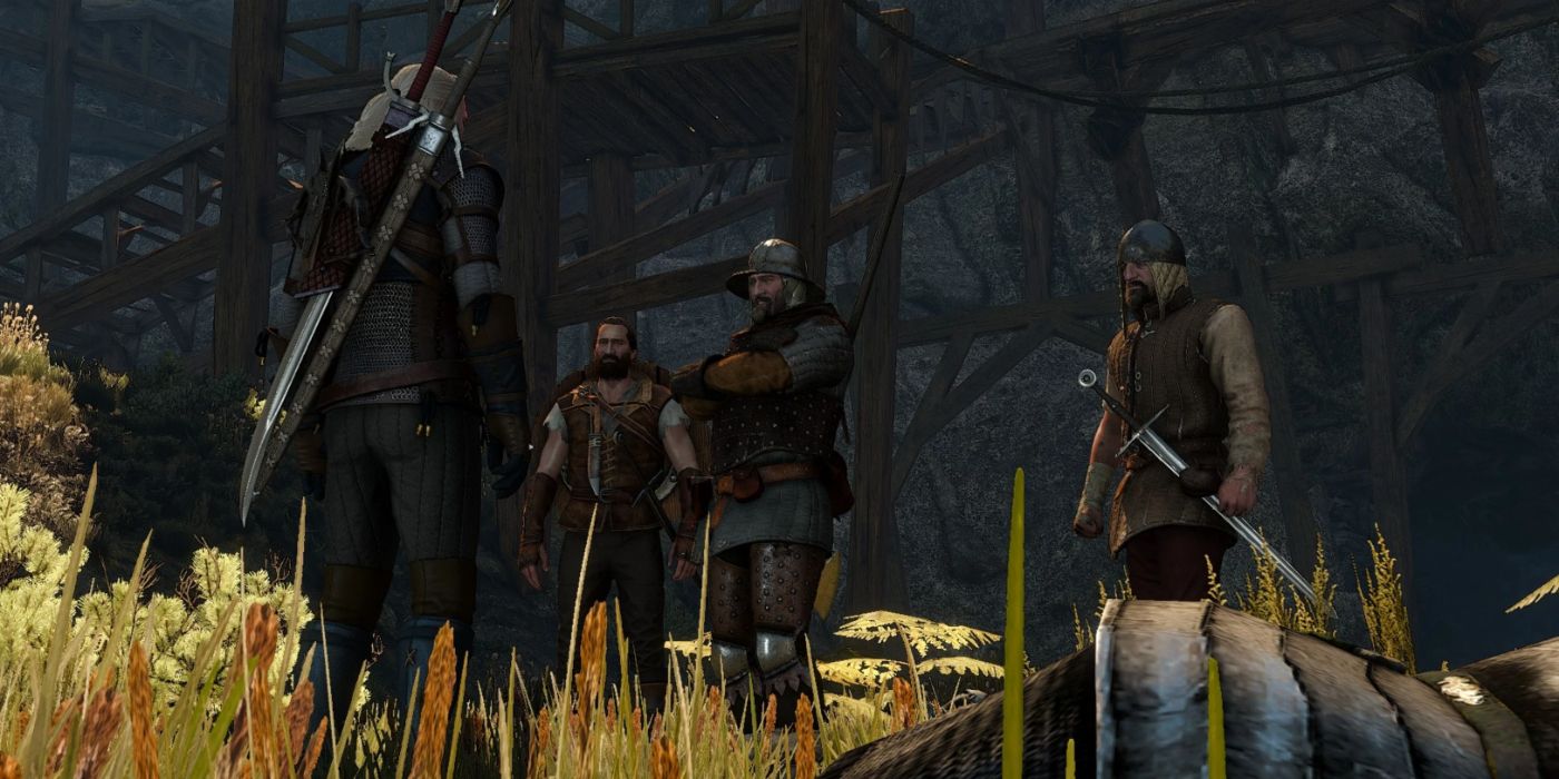 Geralt se envolvendo com um grupo de saqueadores em The Witcher 3.