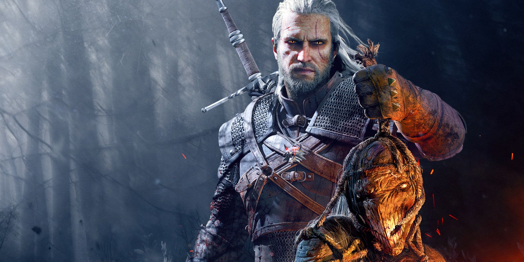 Geralt the Witcher holding the heads of monsters, tied together into a trophy after being slain.