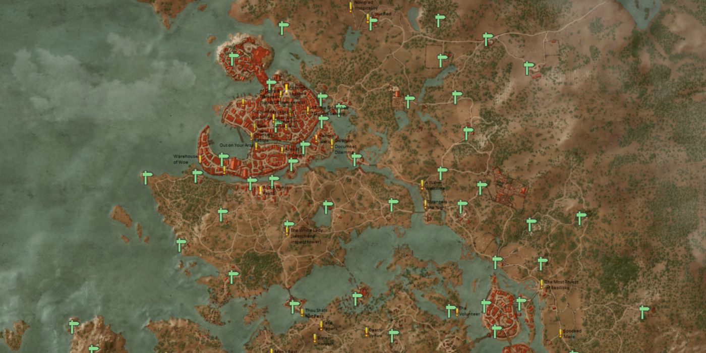 O mapa de Novigrad preenchido com marcadores em The Witcher 3.