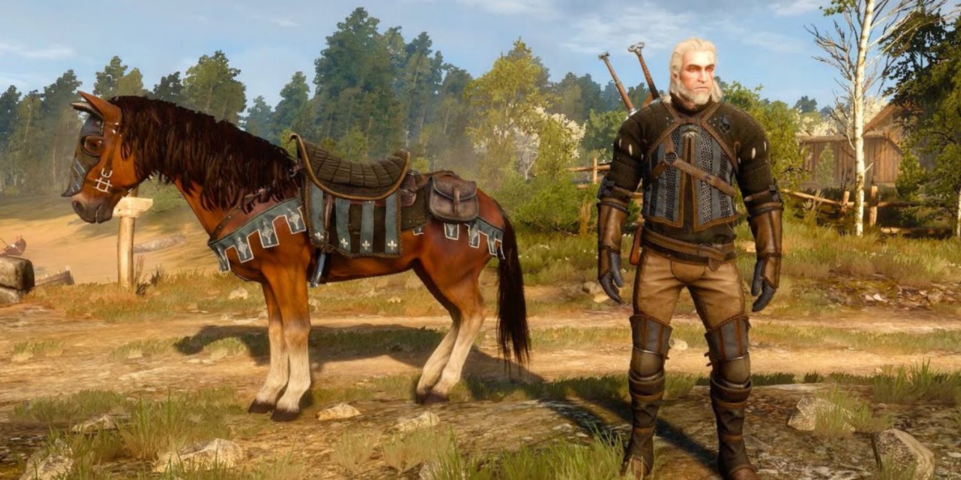 Geralt e Roach usando seus respectivos equipamentos Temerianos em The Witcher 3.