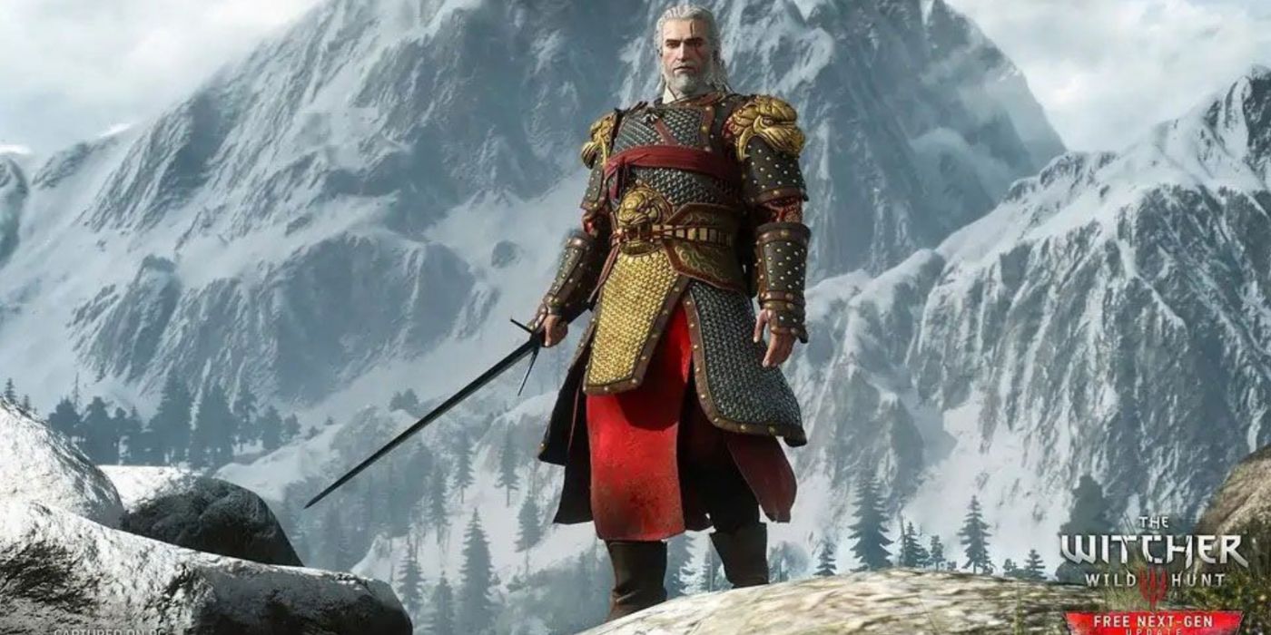Geralt usando o Conjunto de Armadura do Tigre Branco do Oeste na arte promocional de The Witcher 3 Next-Gen.