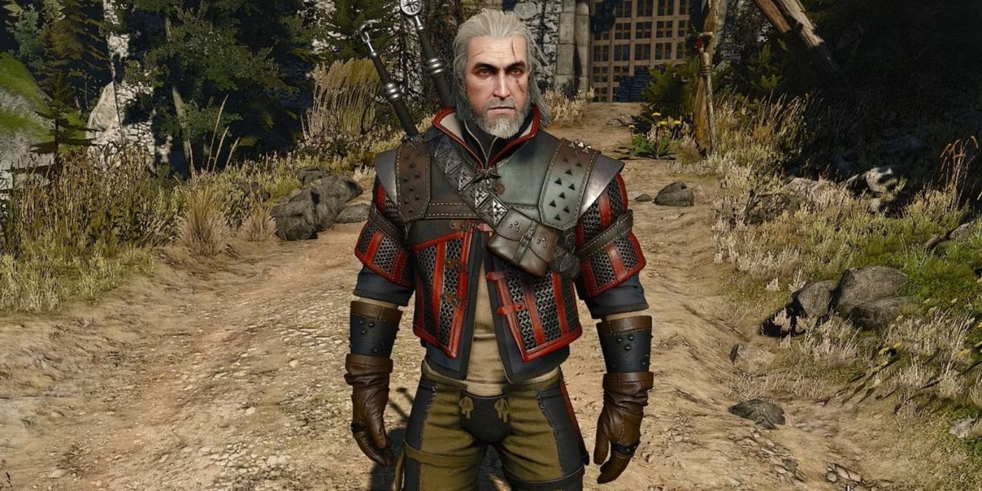 Geralt usando a variante Mastercrafted do Wolven Armor Set em The Witcher 3.