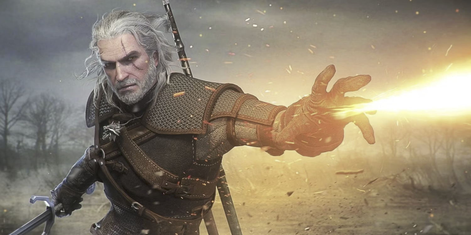 Geralt casting the Igni sign, which shoots flames from his palms.