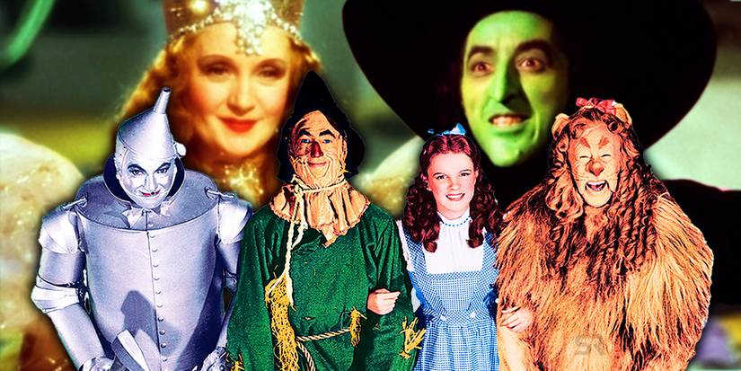 An image of the Wizard Of Oz characters over Glinda and the Wicked Witch
