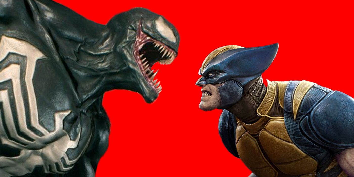 Venom e Wolverine cara a cara, mostrando os dentes um para o outro em frente a um fundo vermelho.