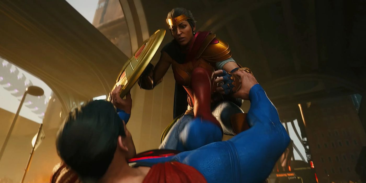 Wonder Woman fighting a brainwashed Superman in Suicide Squad: Kill The Justice League.