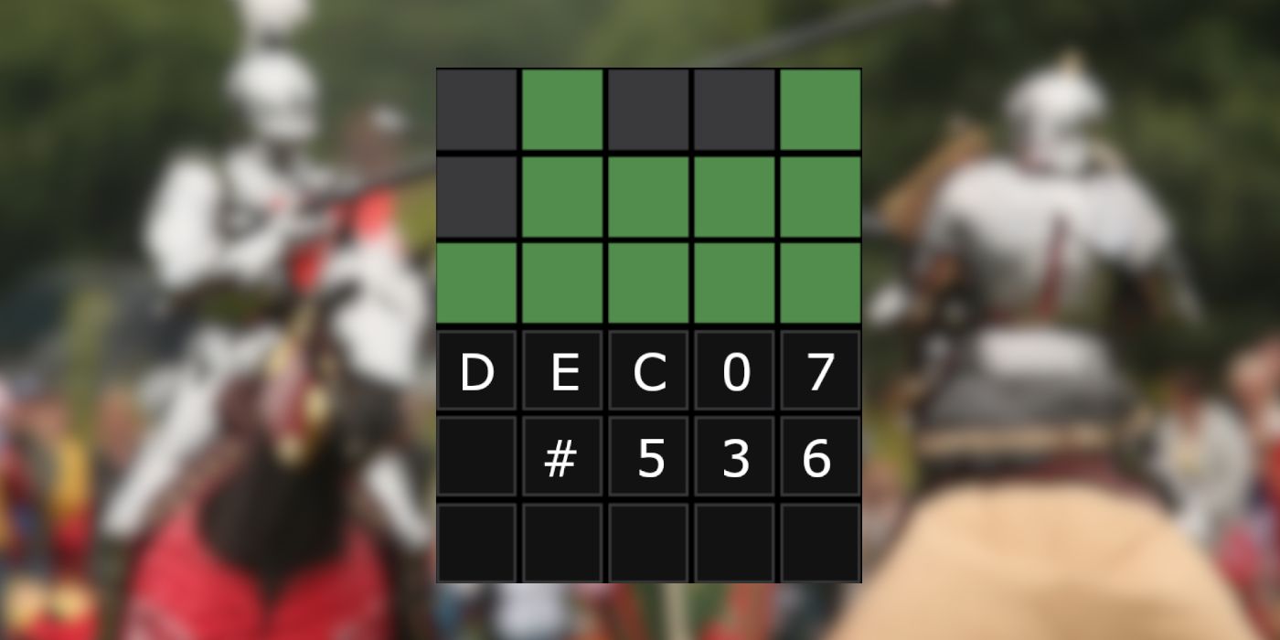 December 7th Wordle grid with two knights Jousting in the background