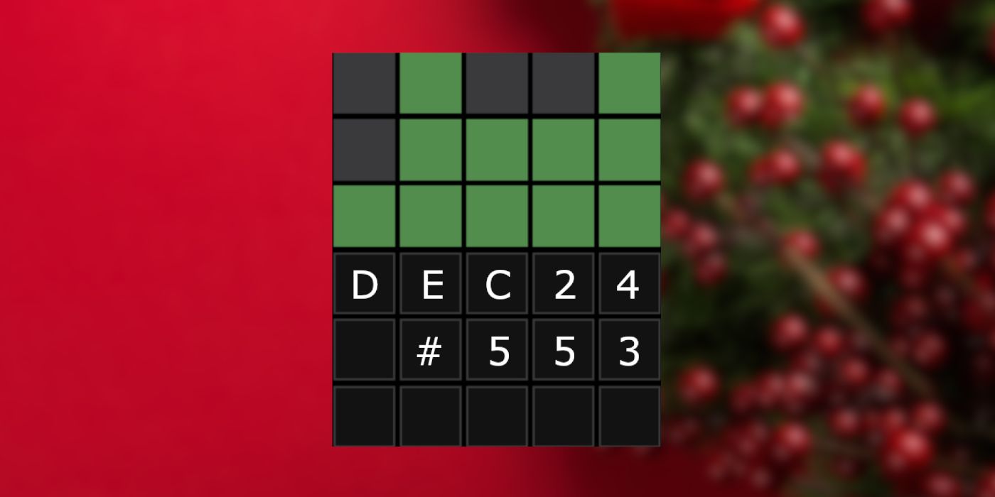 Wordle grid van 24 december met een kerstboom op de achtergrond