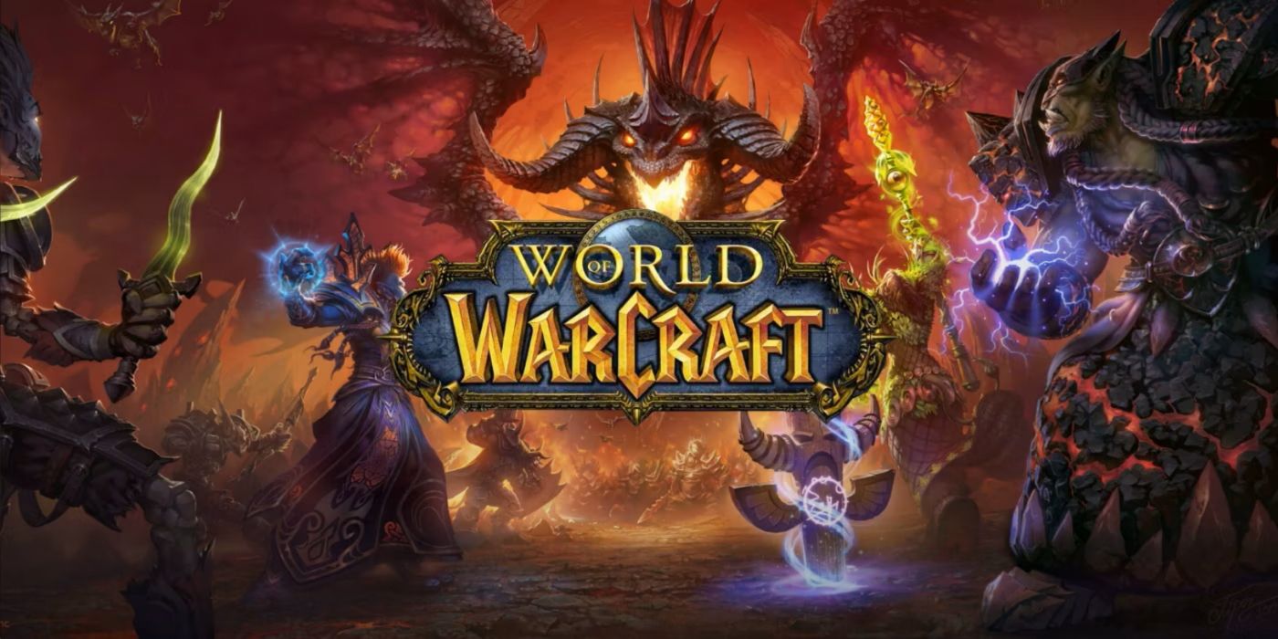 Arte promocional de World of Warcraft apresentando um grupo de personagens lutando contra um dragão.