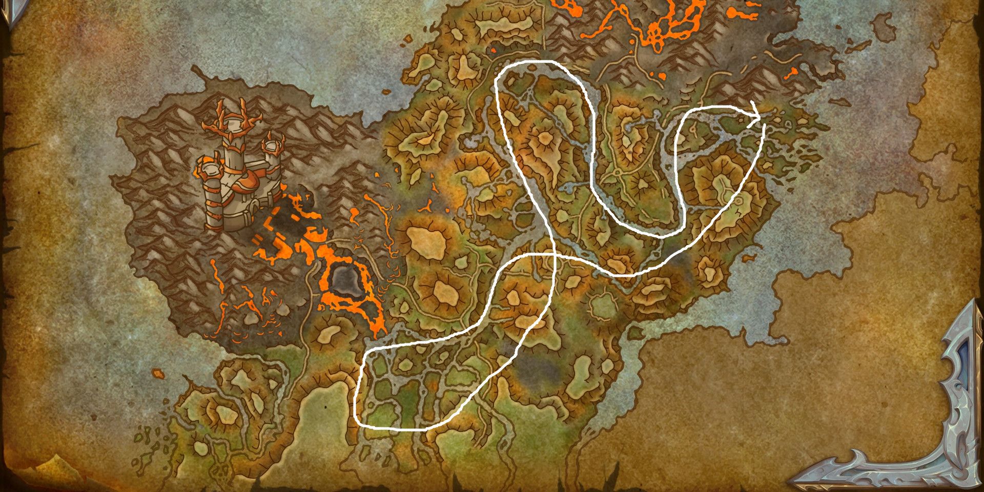 The Waking Shores map in World of Warcraft: Dragonflight, with a route marked in white