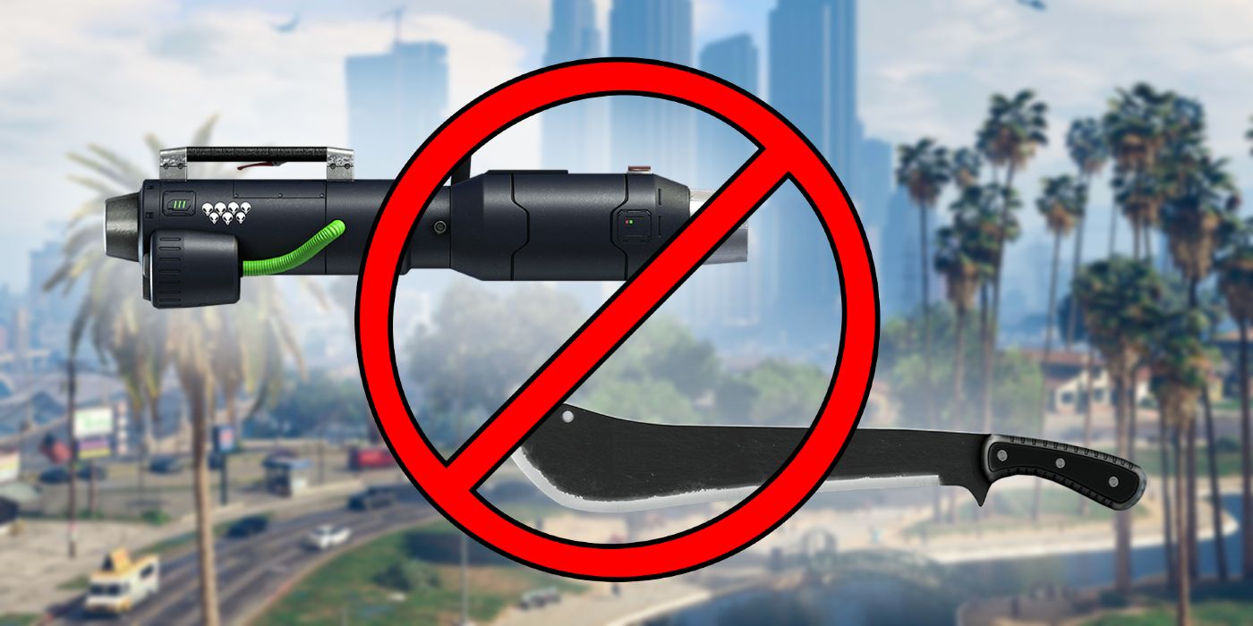 GTA Online's Widowmaker and Machete behind a cancel symbol, all in front of a background of Los Santos.