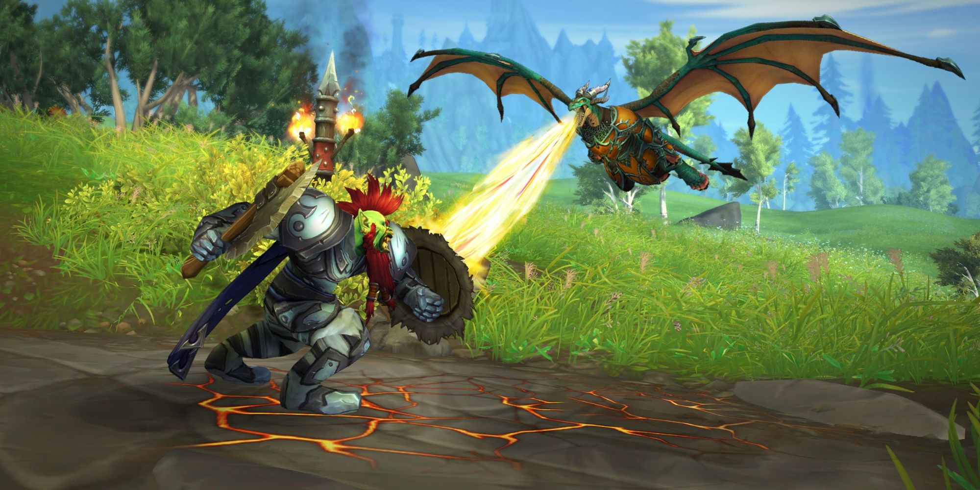 Two World of Warcraft characters doing battle in a field, with an Orc using a shield to deflect fire breathed by a flying Dracthyr.