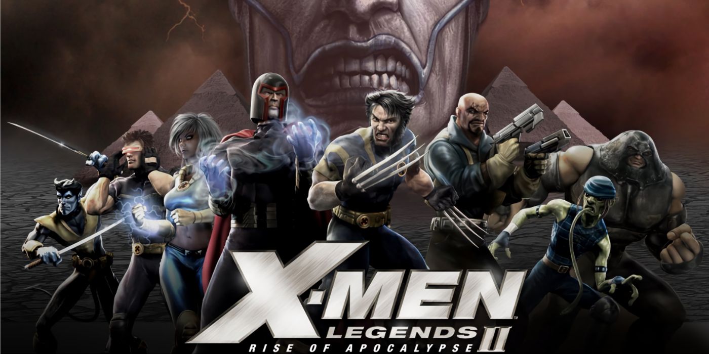 Arte promocional de X-Men Legends II apresentando o elenco mutante junto com Apocalipse ao fundo.
